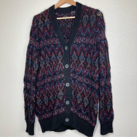 Lucky Brand Button Up Chunky Knit Cardigan Sweater M Fair Isle Black Metallic - Picture 8 of 16